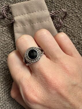 David Yurman Silver Cable Ring with Black Onyx and Pavé Diamonds